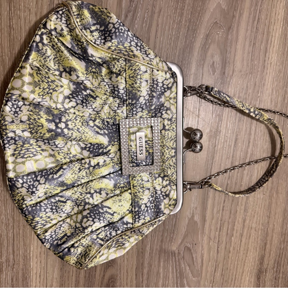 Vintage 2000’s Guess Yellow Snake-Print Evening Clutch with Chain Strap
